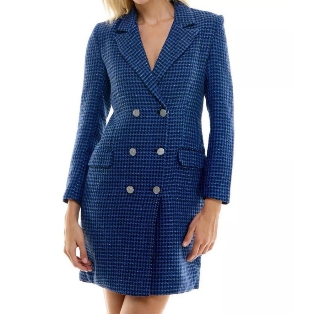 Nicole Miller Double Breasted Houndstooth Peacoat Size 10 Blue Sparkle Lined New